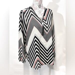 ZAC & RACHEL Beige, black‎ and orange stripe blouse size L.